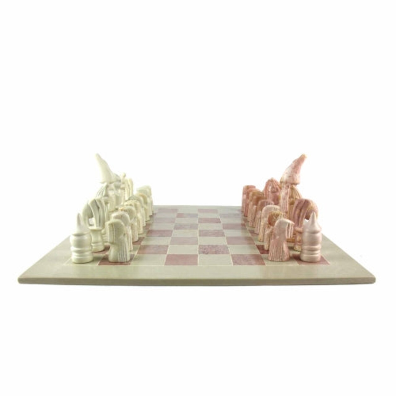 Hand Carved Soapstone Chess Set with 15 Inch Board Pink and White Stone